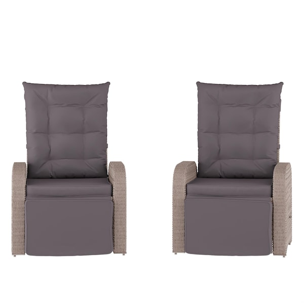 Flash Furniture Nemo Patio Wicker Rattan Recliner Lounge Chairs w/Flip up Side Tables, Gray, 2PK 2-LTS-0422-GY-GY-GG - main